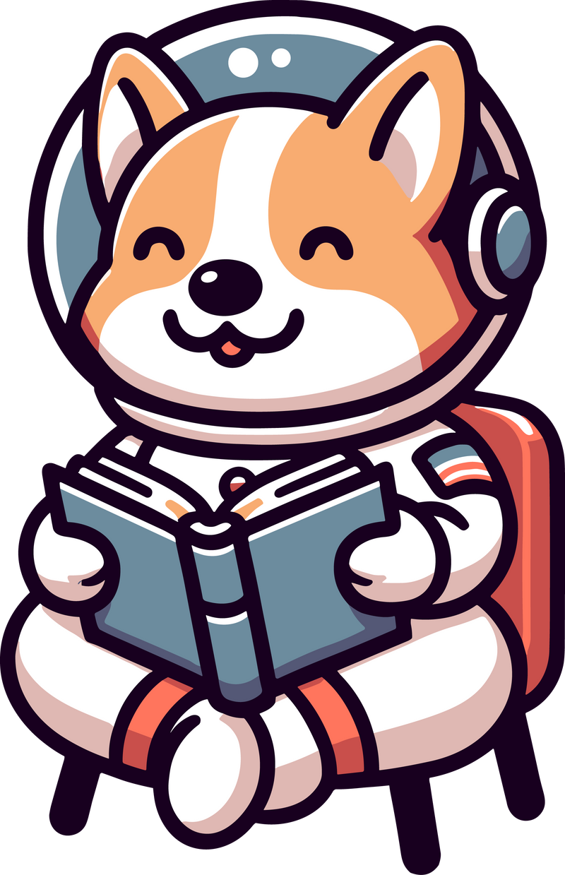 corgi astronaut reading book and laughing, with the book held up close to its face